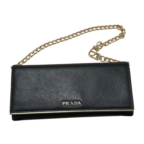 PRADA Black Saffiano Leather Womens Wallet on Chain Gold Hardware Authentic COA - Picture 1 of 15